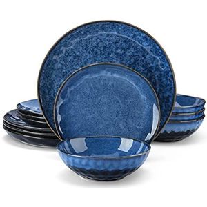 vancasso Starry dinerset vintage look keramisch blauwe 12-delige aardewerk set met 28 x 28 x 2,5 cm (11 in) dinerbord, 21 x 21 x 2,5 cm (8 in) dessertbord en17,5 x 17,5 x 5,5 cm (7 in) kom, servies voor 4