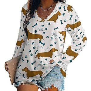 Cartoon Teckels Honden Poot Prints Vrouwen Casual Lange Mouw T-shirts V-hals Gedrukt Grafische Blouses Tee Tops 4XL