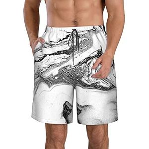 PHTZEZFC Zwart en wit marmeren print heren strandshorts - zomervakantie strandshorts casual lichtgewicht trekkoord, Wit, XL