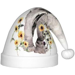 Olifant en Zonnebloem Print Pluche Kerstman Hoed voor Kinderen, Xmas Vakantie Hoeden voor Jongens Meisjes, Kinderen Kerst Party Supplies