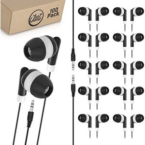 JustJamz Dot Basic Headphones Black in-Ear Earbud Headphones 3.5 MM Earphones for Apple Android Laptop PC Mac, Ideal for Students Kids Classroom, 100 Pack