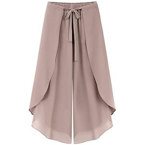 Broeken Dames,Dames Chiffon Wijde Pijpen Broek Effen Trekkoord Half Elastische Taille Palazzo Broek Elegante Zwierige Gebogen Culottes Broek Mode Lichtgewicht Luchtige Cropped Broek,Pink,M