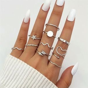 Mode Vrouw Zilveren Kleur Geometrische Ringen Set Voor Vrouwen Meisjes Vintage Ster Hart Pijl Ring Sieraden Gifts-IF107919743