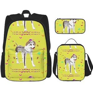 Cartoon Grijze en Witte Hond Grote Capaciteit Rugzak Lunch Tas Pen Pouch 3 Stuk Set voor Kantoor Reizen Camping Unisex, Zwart, Eén maat