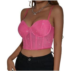 Korsetten voor dames, pailletten, visgraat, onderdraad, crop tops, korset, dames, zomer, halter, slank, overbuste bustier, lingerie, nachtclub, clubwear, rozerood, M