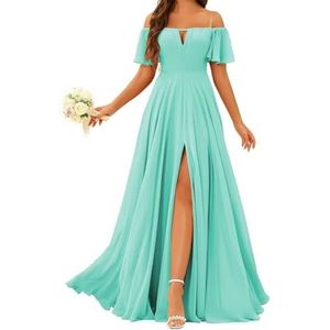 Prinses Bruidsmeisje Jurken Off Shoulder Prom Jurken Plooien Chiffon Formele Avond Party Maxi Jurk met Split ZMK196, Turkoois, 58/Meer