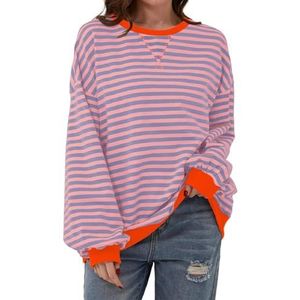 Women Oversized Striped Color Block Long Sleeve Crew Neck Sweatshirt Casual Loose Pullover Y2k Shirt Top (XL,Orange)