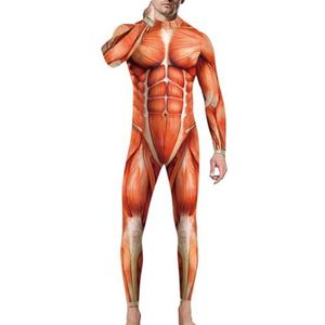 Men's 3D Muscle Printed Cosplay Bodysuit Halloween Costume Sexy Catsuit Jumpsuit (Red,XL)