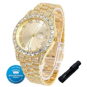 Halukakah Iced Out Horloge voor jongens, 18K echt goud/platina geplatineerd, 42 mm ronde wijzerplaat, Japans kwartsuurwerk, 20 cm, optioneel met Cubaanse schakelketting, met aanpassingsgereedschap,