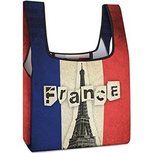 Frankrijk Vlag met Eiffeltoren Herbruikbare Boodschappentassen Opvouwbare Boodschappentassen Grote Opvouwbare Tote Bag met Lange Handvatten