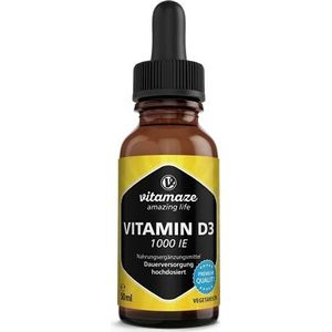 Vitamine D3 Druppels Hoog-Dosis 1000 IU, 50 ml (1750 Druppels), Cholecalciferol Liquide en Vegetarisch, Supplement zonder Additieven, Made in Germany