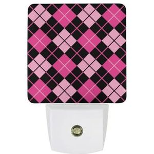 Zwart & Roze Argyle Warm Wit Nachtlampje Plug In Muur Schemering naar Dawn Sensor Lichten Binnenshuis Trappen Hal