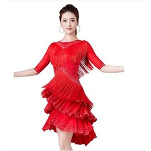 Yhsgscr Franje Latin Dansjurk Glanzende Cha Cha Performance Kleding Dames Ballroom Tango Kleding met Middellange Mouwen Salsa Dans Slim Fit Rok Elastisch Ademend,Rood,L
