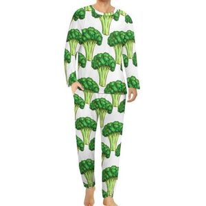 Groene broccoli comfortabele herenpyjama set ronde hals lange mouwen loungewear met zakken XL