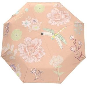 Opvouwbare Paraplu Bloemen Bloem Libelle Bladeren Vintage Roze Tuin Reizen Regen Compacte Paraplu Automatische Open Close voor Vrouwen Mannen