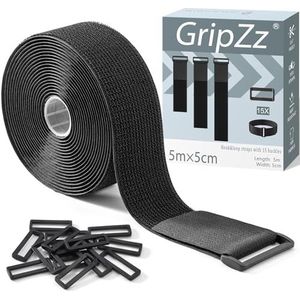 GripZz Verstelbare Kabelriemen 5cm x 5m met 15 Gespen, Robuuste Klittenbandsluiting, Verstelbaar, op Maat te Snijden, Herbruikbaar voor het Bevestigen van Kabels, Slangen,Buizen en Meer (zwart 5cm*5m)