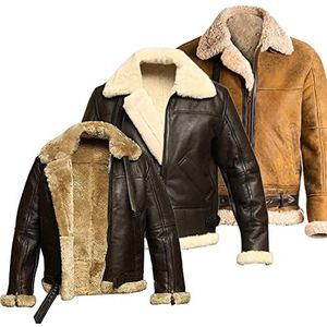 Mens - Shearling - Echt Schapenvacht Lederen Bomber Pilot Aviator B3 Vliegende Cockpit Jas - Bruin