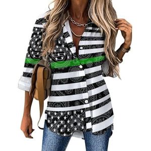 Amerikaanse vlag dunne groene lijn paisley patroon vrouwen lange mouw shirt casual blouses button down tops print