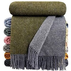 STTS International Wollen deken, 100% scheerwol, woondeken in verschillende kleuren, sprei, scheerwollen deken, plaid Tirol (lichtgrijs/olijf, 140 x 200 cm)
