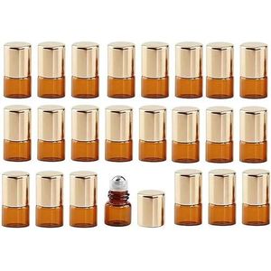 30 stuks amberkleurige glazen rolfles, mini-parfummonsterrolfles voor etherische olie, navulbare cosmetische aromatherapie bruine flesjes met gouden dop (1 ml)