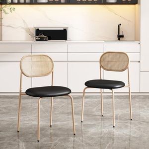 Aunvla Set van 2 eetkamerstoelen, moderne, eenvoudige vrijetijdsstoel met vier steunpoten van metaal, rotan vrijetijdsstoel, woonkamer- en slaapkamerstoel, (zwart + bruin)
