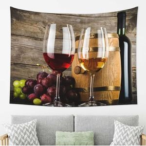 LAMAME Rode Wijn Galsses & Druiven met Houten Gedrukt Tapestry Muur Opknoping Muur Decor Esthetisch Tapijt voor Slaapkamer Woonkamer