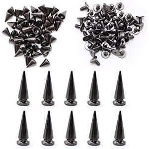 WJUAN 50 stuks hoogte 9,5 mm metalen kegel punkklinknagels en 10 stuks hoogte 24 mm spikes klinknagel punk, doe-het-zelf ambachtelijke punkklinknagels met schroef voor tassen lederen ambachtelijke
