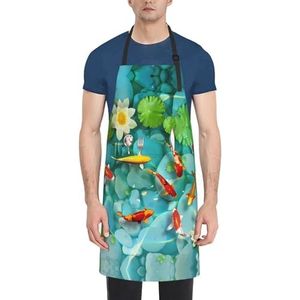 ZhaoYuGoods Lichtzwart marmeren schorten met zakken voor dames en heren, stijlvolle kookschorten voor keuken tuinieren salon, ideale print schort, Japanse Mooie Rode Karper Vis, Eén maat