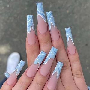 Coffin False Nails Long Fake Nails Wave Line Press on Nails Bellarina Acrylic Stick on Nails 24pcs for Women and Girls(Blue)
