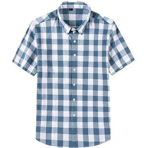 Mannen Korte Mouw Shirt Katoen Plaid Shirt Mannen Korte Mouwen Slanke Zomer Dunne Koreaanse Stijl Halve Mouwen Shirt No-Iron Tees voor Vrije tijd, Blauw, 4XL 80-85KG