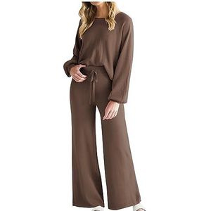 beetleNew Casual Loungewear Set Tweedelige Klassieke Ronde Hals Lange Mouw Top Blouse Losse Bell-Bottoms Broek Trainingspak voor Dames Zwart van Vrijdag Deals 2023, Koffie, L