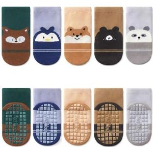 FedMois 5 paar antislipsokken van katoen voor baby's en kinderen, diermotief, Gestreept, 3-5 ans