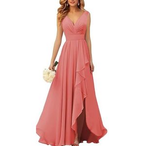 KURFACE Bruidsmeisjesjurken met V-hals, met split en ruches zonder mouwen, chiffon bruidsmeisje avondjurk, Koraal, 32