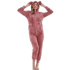 Keanu Dames dikke snuggle hooded onesie - luxe warme fleece nieuwigheid onesie met pom poms - roségoud, sneeuwgrijs en zwart - maten 8-20, Roze Rose Goud, 46-48