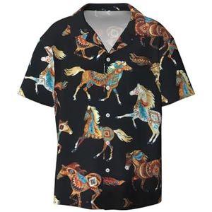 EdWal Bruin Paard Print Heren Korte Mouw Button Down Shirts Casual Losse Fit Zomer Strand Shirts Heren Jurk Shirts, Zwart, XL