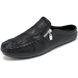 Loafers for heren Effen kleur Stiksels Details met ritssluiting Muilezels Slippers Antislip Antislip Platte hak Wandelen Outdoor Slip-on (Color : Black, Size : 44 EU)