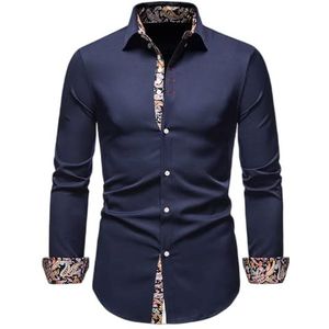 Heren Bloemenprint Lange Mouwen Knopen Casual Bloemenoverhemden Heren Lange Mouwen Knoophemd Shirt met Vintage Bloemenprint Regular Fit Lange Mouwen Revershemd Casual T-shirts Lange Mouwen T-Shirt in Blokkleuren, C-blauw, XL