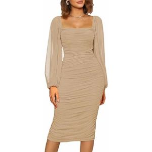 Mesh-jurk met Lantaarnmouwen voor Dames, Bodycon Maxi-jurken met Vierkante Hals voor Avondfeest(Color:Apricot,Size:L)