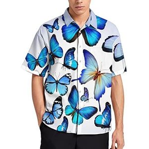 Vlinder Kleurrijke Blauwe Tekening Art Zomer Heren Shirts Casual Korte Mouw Button Down Blouse Strand Top met Zak XL