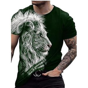 Mannen T-Shirt 3D Dier Leeuw Print Pullover Tee Casual Zomer Crew Hals Korte Mouw Leeuwen Patroon Losse T-shirts Fitness Sportkleding, Groen, 6XL