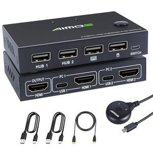 MLEEDA KVM Switch HDMI 2 PC 1 Monitor 4K@30Hz, HDMI en USB Switch met 4 USB 2.0 Poorten Voor 2 Computers Het Toetsenbord, Muis en 1 Monitor Delen, met HDMI en USB Kabels