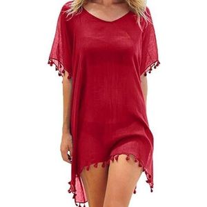 Chiffon Strandkleding Vrouwen Strand Bikini Cover Up Kwastje Strand Jurk V-hals Badmode Zomer Casual Badpak, Rood, one size