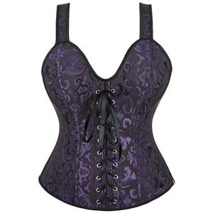 Steampunk Bandjes Overbuste Korset Met Cup Rits Sexy Jacquard Bloemen Corset Taille Cincher Bustier Lingerie Top Plus Size, 6806paars, 4X-Large