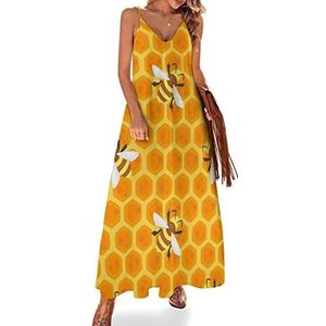 Gele bijen dames sling maxi-jurken V-hals casual mouwloze verstelbare riem sexy lange jurk
