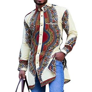 Afrikaanse Dashiki shirts voor heren, herfst, etnische stijl, revers, split shirt, beige, XL