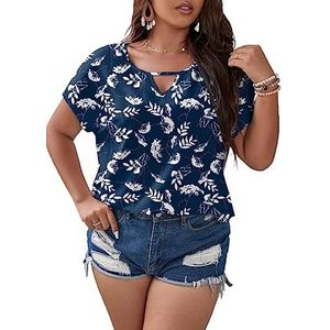 damestop in grote maten Plus Plants Print Keyhole Neckline Batwing Sleeve Blouse (Color : Blue and White, Size : XXL)