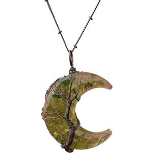 Vintage Bronze Chains Necklace Wire Wrap Quartz Crystal Crescent Moon Pendant Necklace For Women Reiki Jewelry Gift (Color : Peridot Stone)