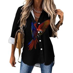 Flying Macaw Papegaai damesshirt met knoopsluiting en lange mouwen, jurk shirt met V-hals