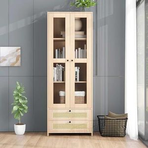 Idemon Hoge wandcommode (1,7 m) met rotanladen, transparante deuren en kantelbeveiliging; commode met 2 grote laden en 2 deuren; hoge wand-keukenkast met boekenplanken