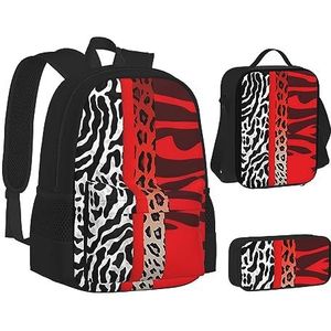 BTCOWZRV 3 Pack Canvas Rode Luipaard en Zebra Dieren Rugzak, Schoudertas voor Vrouwen Mannen, met Lunchbox Potlood Case